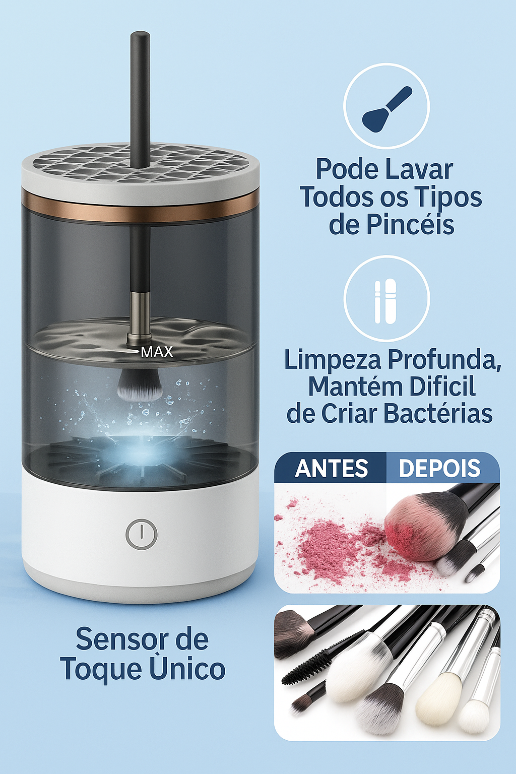 Brush Clean - Higienização Automática para Pincéis de Maquiagem