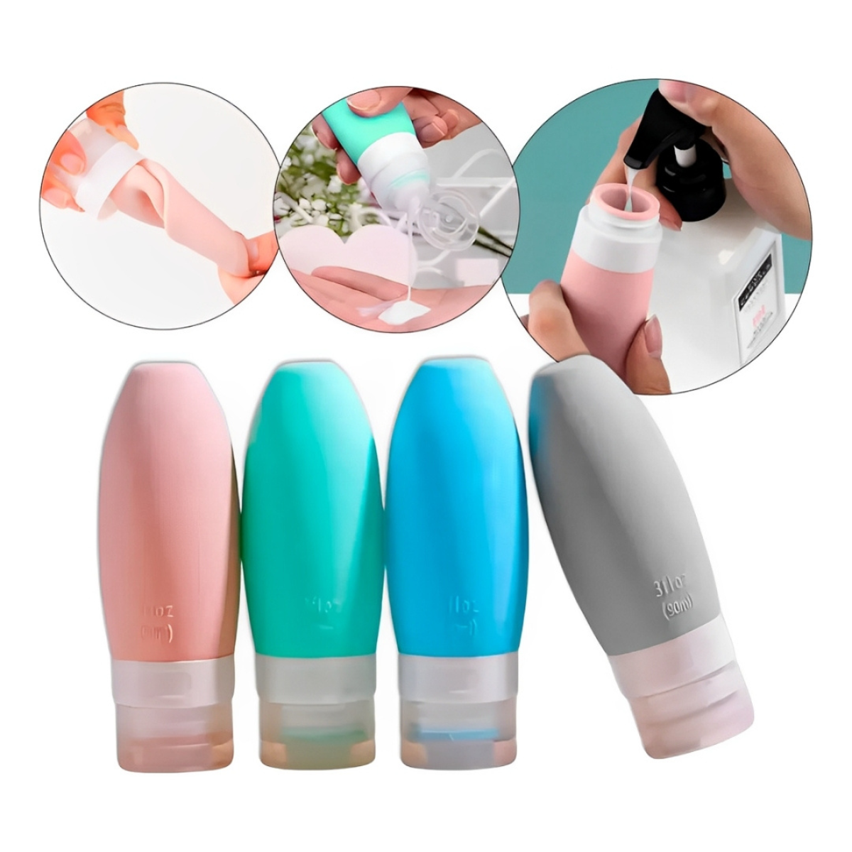 Kit de Viagem com 4 Frascos de Silicone – Leve Seus Cuidados Pessoais com Praticidade