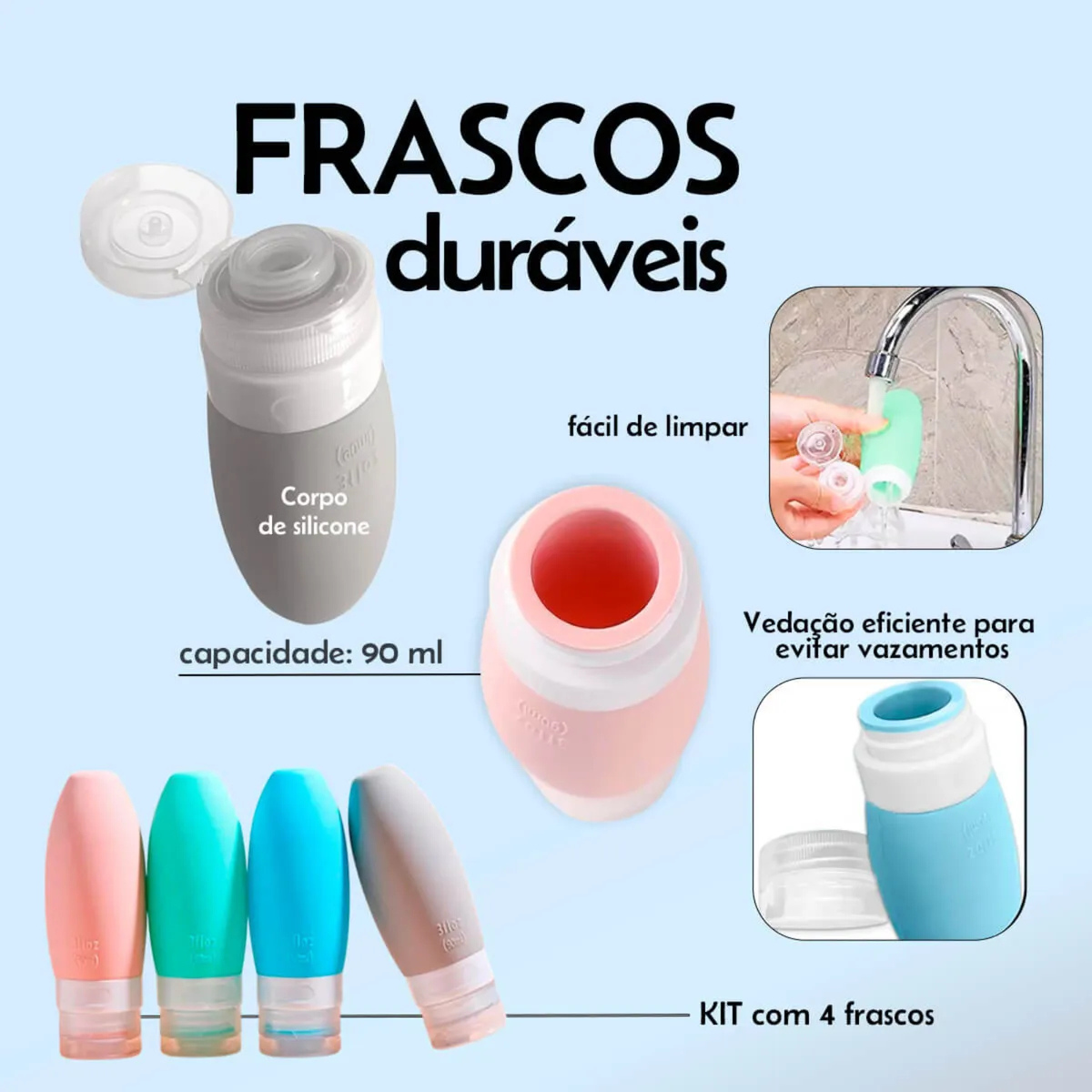 Kit de Viagem com 4 Frascos de Silicone – Leve Seus Cuidados Pessoais com Praticidade